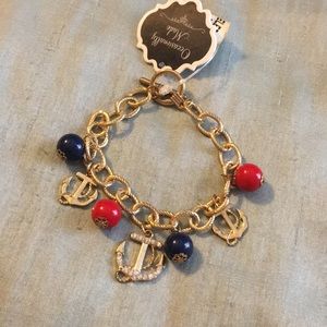 Gold Anchor Charm Bracelet with Red & Navy Beads